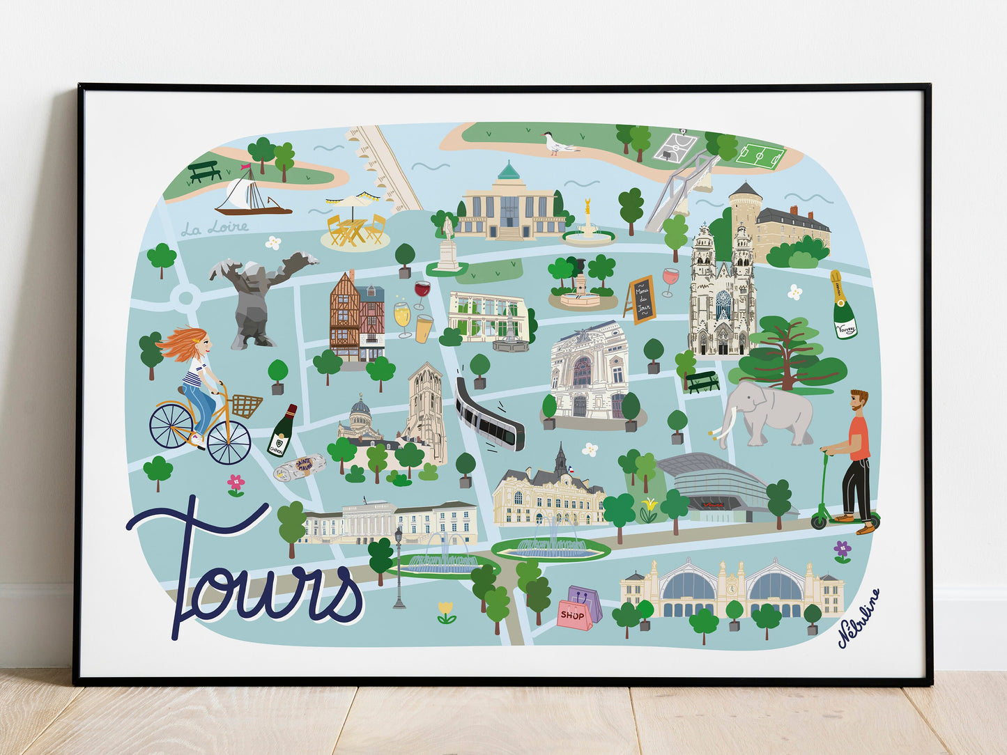 Plan de ville illustré Tours - Affiche A4 - Touraine - La loire