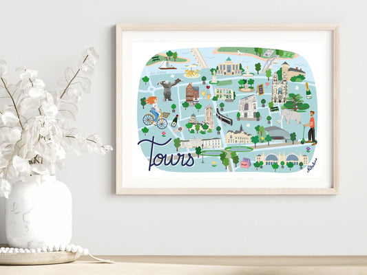 Plan de ville illustré Tours - Affiche A4 - Touraine - La loire