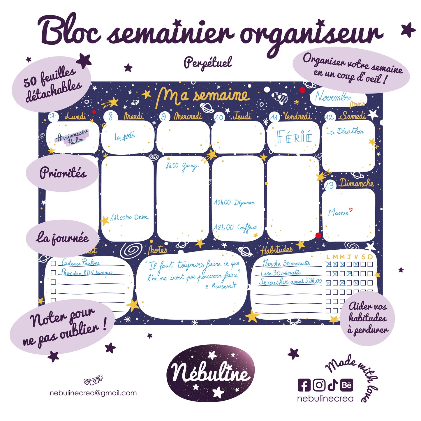 Bloc-notes semainier - Planner hebdomadaire A4 - Odyssée spatiale