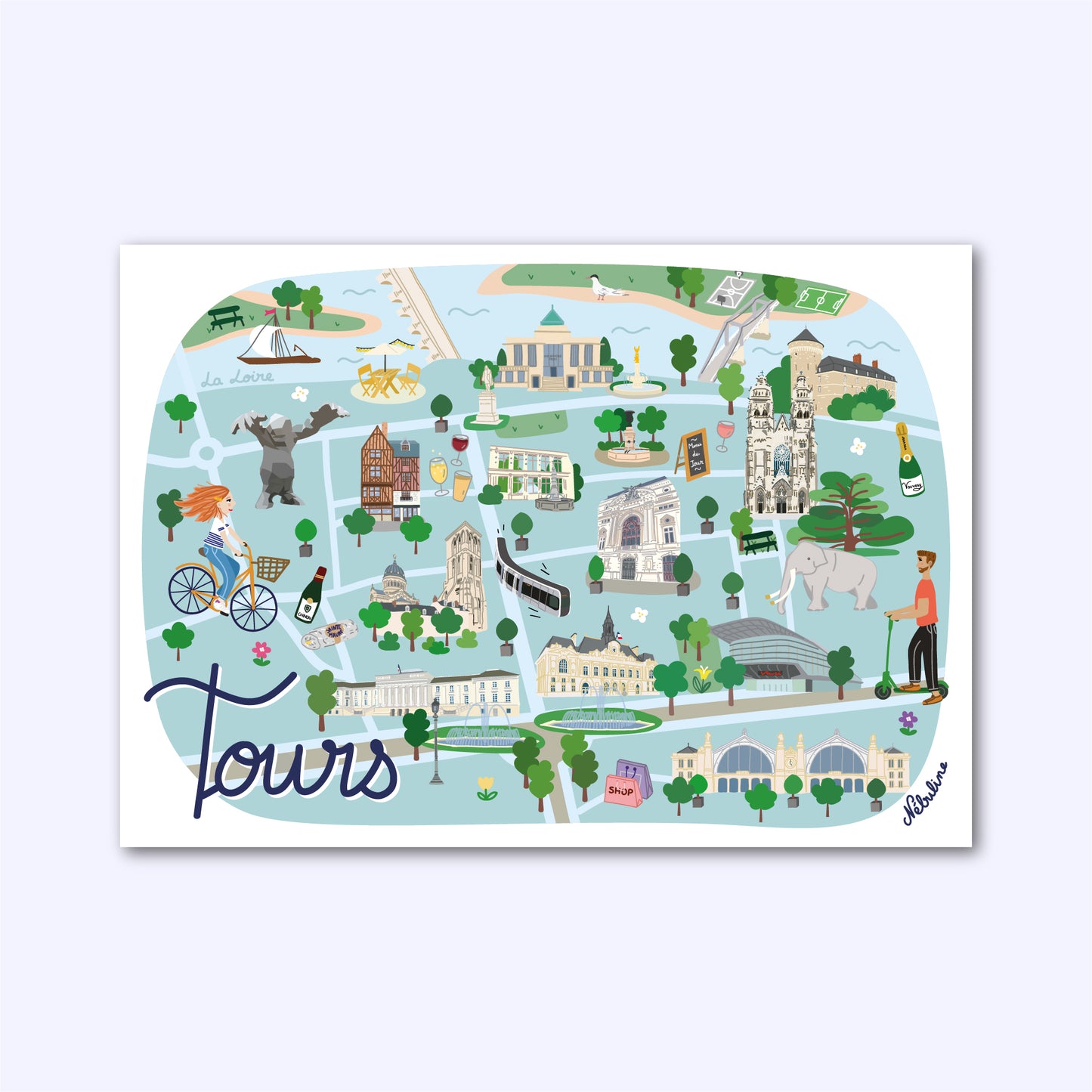 Plan de ville illustré Tours - Affiche  A4 - Touraine - La loire