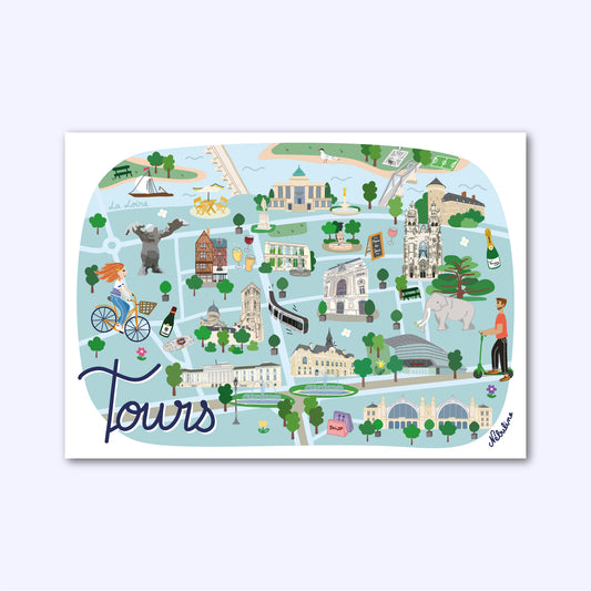Plan de ville illustré Tours - Affiche  A4 - Touraine - La loire