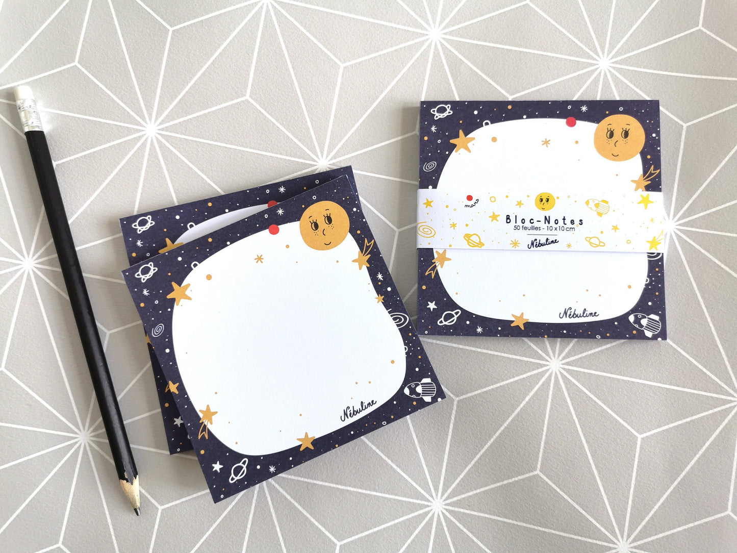 Bloc-notes étoiles - Bloc-notes espace - Notepad space stars - 10x10cm - 50 feuilles - Accessoire de bureau