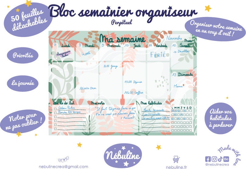 Bloc-notes semainier -Planning hebdomadaire - Inspiration nature